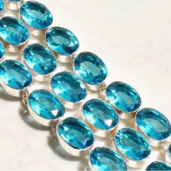Sparkly 3-tiered Blue Topaz Cluster Statement Cuff Bracelet - Picture 9 of 11